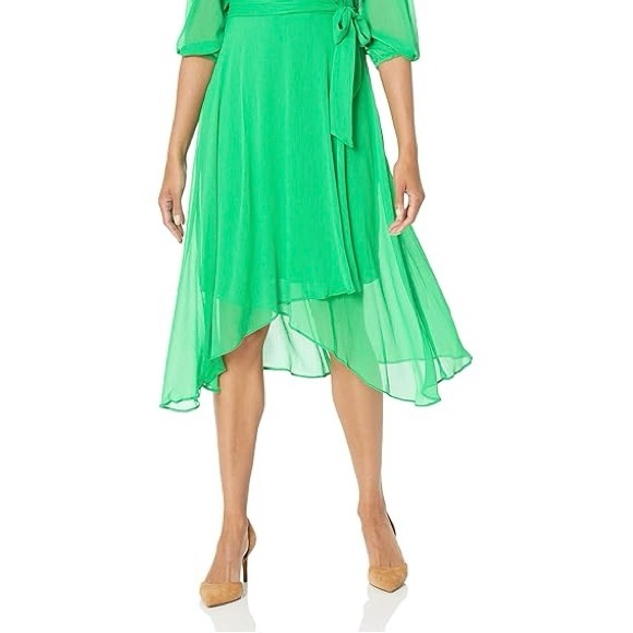 DKNY Dress Chiffon Faux-Wrap VNeck Balloon Slv Bright Apple Green Sz 16 - Picture 3 of 13